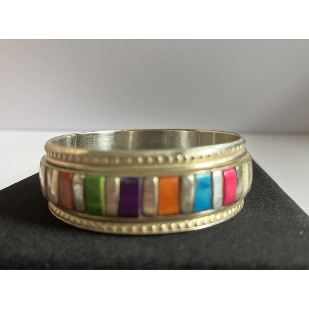 Brass Bangle Bracelet Enamel Colorful Stones 2.75" Wide